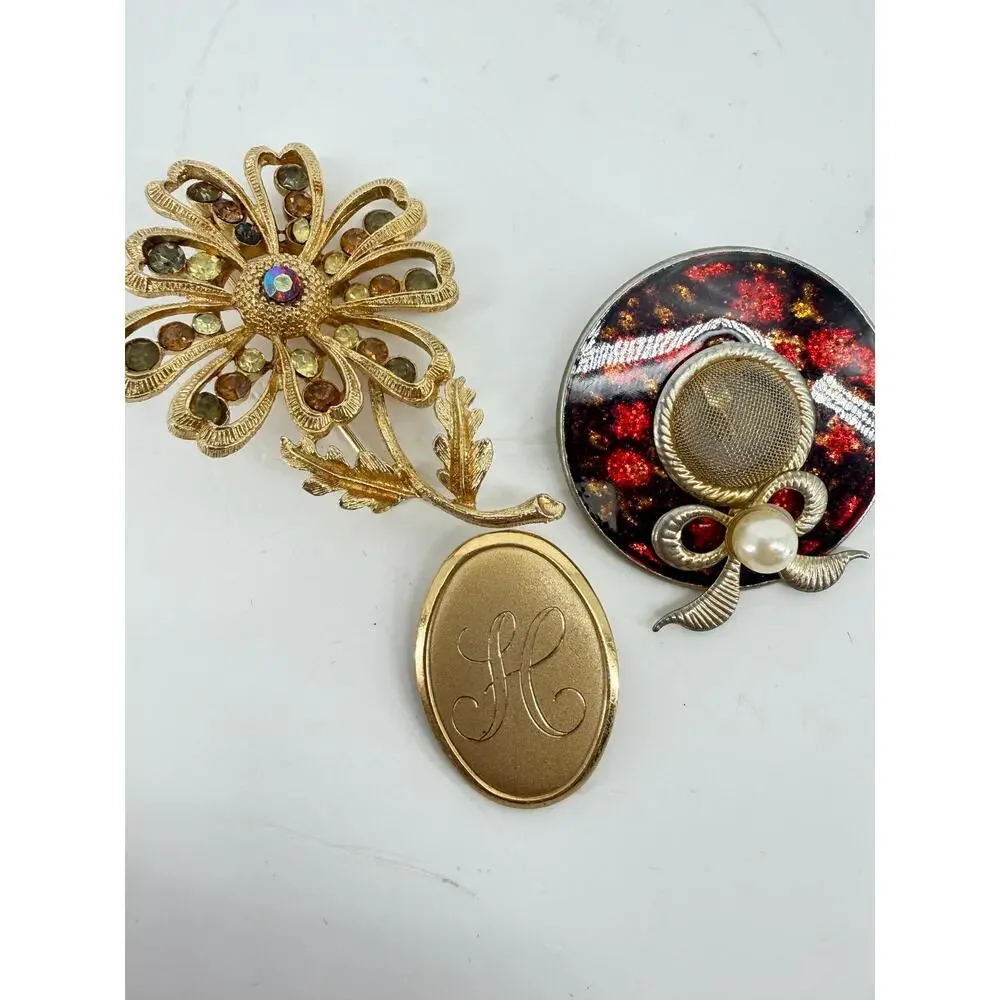 Vintage Brooch Lot 10 Rhinestone Floral Cameo Butterfly Gold Costume Jewelry